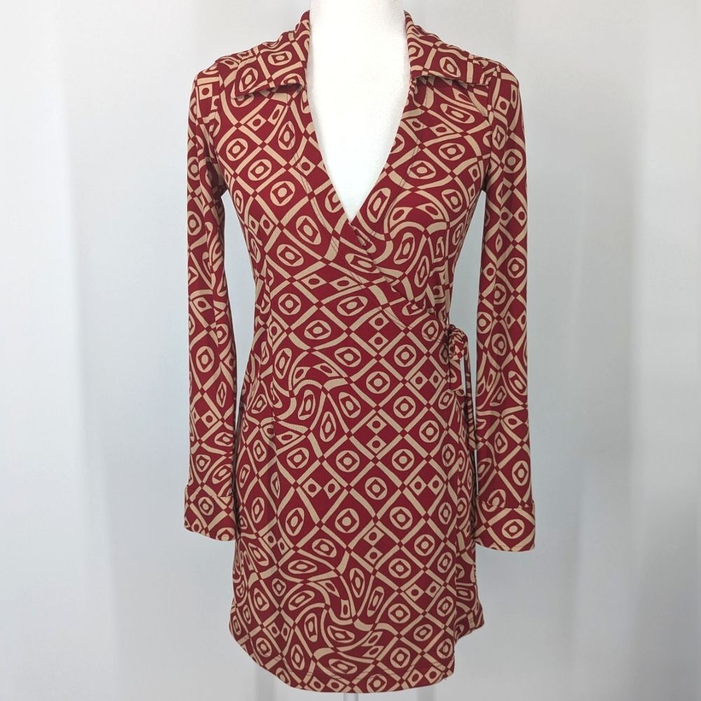 Vintage Johnny Was Red Tan Long Sleeve Collared 60s Mini Wrap Dress X-Small XS